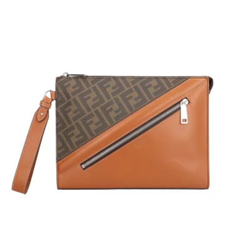 Fendi Diagonal Flat Slim Clutch Zucca Shoulder Bag Leather Brown